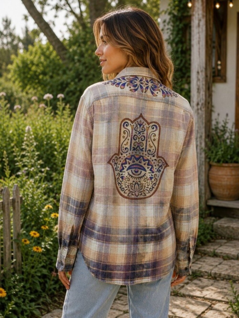 Upcycled Hand Painted Hamsa Flannel Shirt - Bleached Blue Purple XL